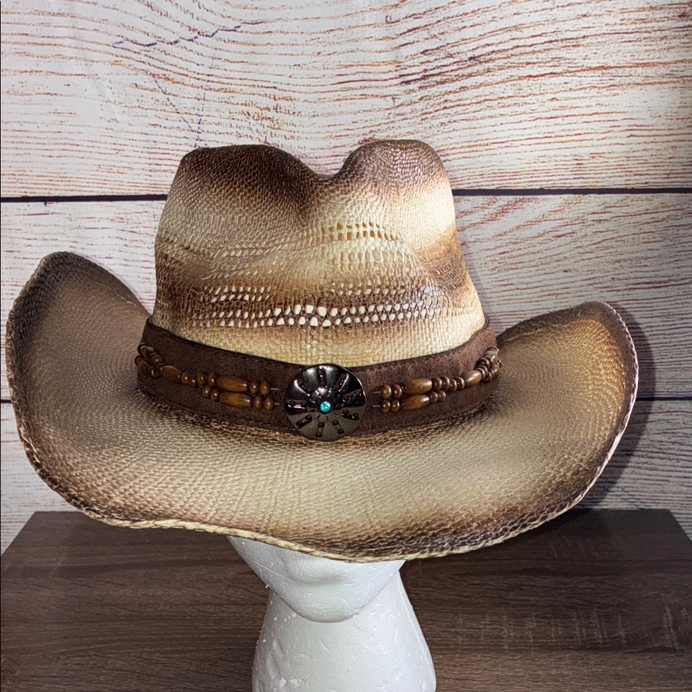 Pre Owned Milani Tan Western Hat with Beaded Band
